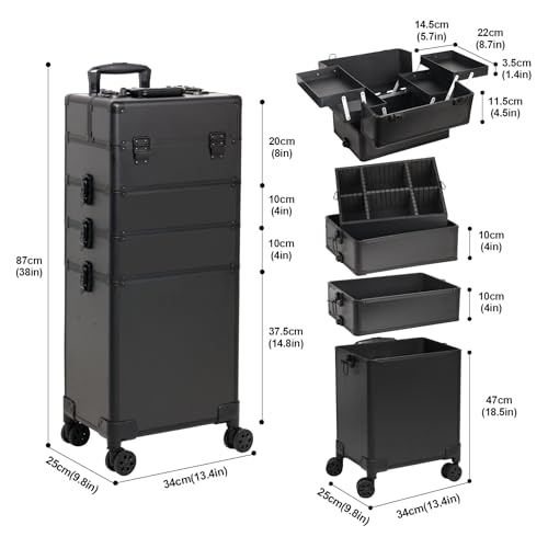 Professional Rolling Makeup Case, Cosmetology Case on Wheels 4 in 1 Large Cosmetic Train Case, Ideal Gift for Hairstylist, Nail Techs, Portable Beauty Organizer for Travel or Salon Use,Black