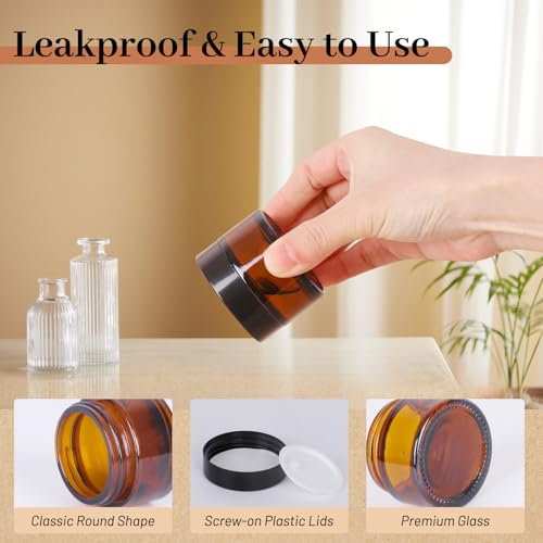 AuroTrends 1 oz Glass Jars with Lids 24Pack- Mini Amber Glass Jar/Cosmetic Containers with UV Protection,Travel Labels (30ml, Set of 24)