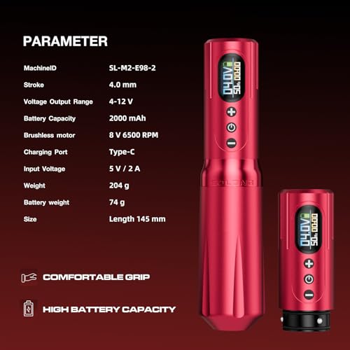 Tattoo Gun,Solong Wireless Tattoo Gun Kit Super Fast Charger with Dual 2000mAh Power Supply