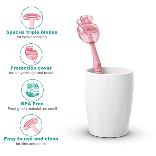 Mspan Tongue Scraper Cleaner Brush: Tongue Care Cleaning Scrubber with Plastic Travel Case Cover for Adults kids - Clean Oral Bad Breath Pink White 2 Pack