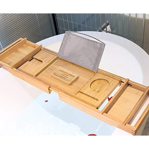 Bamboo Bathtub Caddy Tray Expandable for Luxury Bath, Bath Accessories & Table with Wine Glass Holder, Book Stand Bathroom Organizer with Extending Sides for Men/Women,Natural