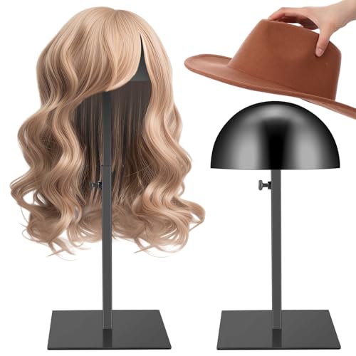 Sintuff 2 Pcs Hat Display Stand 7.9-15.7 Inch Adjustable Hat Holder Sturdy Wigs Head Stand Anti-rust Non-slip Stable Stainless Steel Metal Hat Rack for Multiple Hats Storage Wig(Black,Square Base)