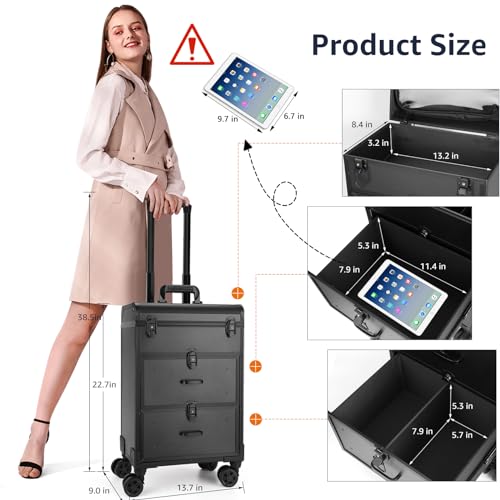 Yokilly Rolling Makeup Train Case, Professional Cosmetology Case on Wheels, Aluminum Cosmetic Trolley Travelling Cart Trunk with Swivel Wheels, Sliding Drawer & Keys for Nail Technician Stylist(Black)