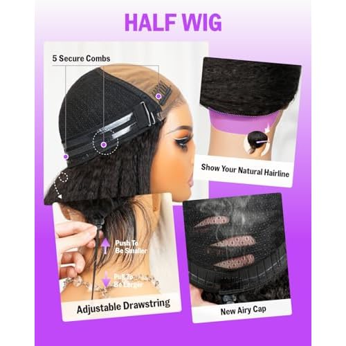 3D Water Wave Half Wig Human Hair 200% Density 3 In 1 Glueless Wigs Human Hair for Women Drawstring Wig Human Hair 100% Real Human Hair 16 Inches