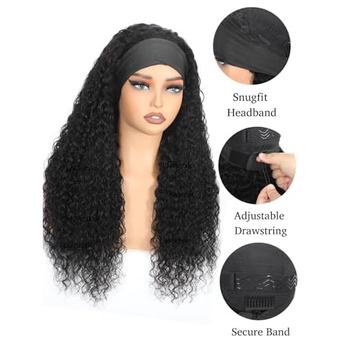 28inch Water Wave Headband Wig Human Hair Curly Drawstring Headband Wigs Human Hair Wear and Go Glueless Wigs for Black Women 220 Density None Lace Front Wigs Natural Color