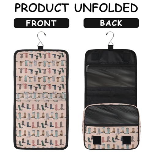 Travel Toiletry Bag for Women Men with Hanging Hook Pink Retro Western Print Cowboy Pattern Makeup Cosmetic Bag Organizer Travel Bag for Toiletries Essentials Accessories, Large Size