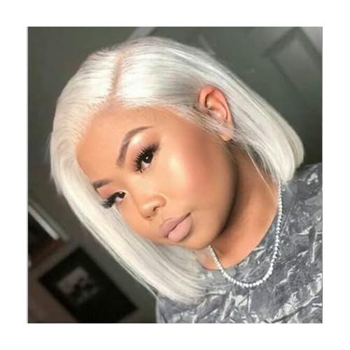 Glueless Wigs Human Hair Grey White Platinum Blonde Wigs for White Women 14'' 13x4 Lace Front Wigs with Baby Hair Pre plucked Frontal and Bleached Knots 60# Gray Ash Blonde Bob Wigs 150%