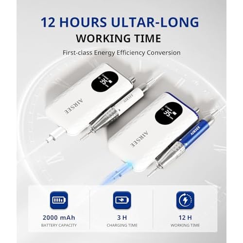 AIRSEE Updated Professional Nail Drill,Rechargeable Cordless Efile Machine for Acrylic Extension Gel Dip Powder Powerful Portable Efile 56 Sanding Bands 7 Bits,Low Noise Low Heat,G7 White