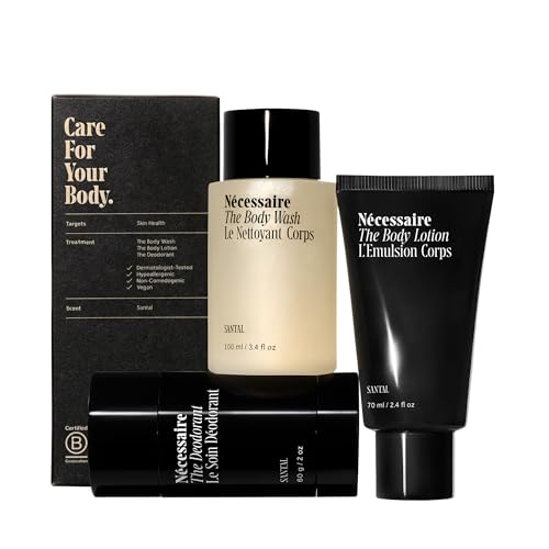 N?cessaire Body Essentials - Skin Care Gift Set For Women + Men - Travel-Size Body Wash, Body Lotion + Deodorant | Dermatologist-Tested. Hypoallergenic | Vegan | Aluminum-Free Deodorant (Santal)