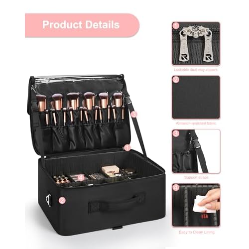 Relavel Extra Large Cosmetic Case, Travel Makeup Bag with 4 Clear Pouches & Lipstick Plate, Portable Cosmetic Case Storage Organizer Box for Makeup Artists with Shoulder Strap & Adjustable Dividers