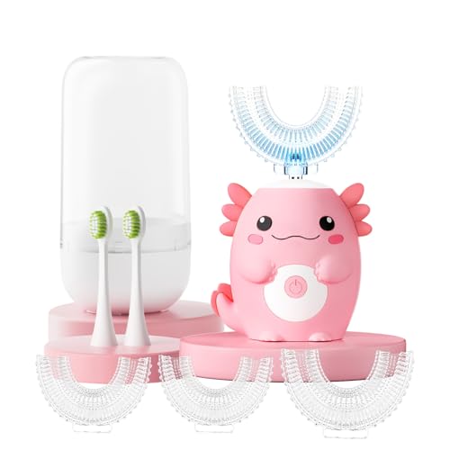 Kids Electric U Shaped Toothbrush - Axolotl Kids Sonic Toothbrush with 6 Brush Head Automatic Rechargeable 6 Cleaning Modes Full Mouth Cleaning-Pink