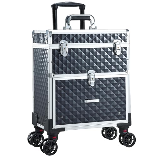 Adazzo Professional Rolling Makeup Case with Drawer for Makeup Artists Cosmetic Train Case Large Storage Case for Nail Technicians Cosmetology Case with Detachable Bag for Hairstylist Black