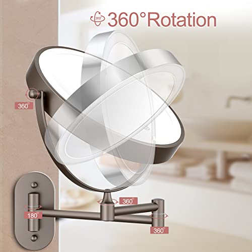 FASCINATE Rechargeable Wall Mounted Lighted Vanity Mirror 8 Inch 1X/10X Magnifying Makeup Mirror with 3 Color Lights, Double Sided Dimmable, 360 Degree Screen Touch,Bathroom Shaving Mirror (GunBlack)