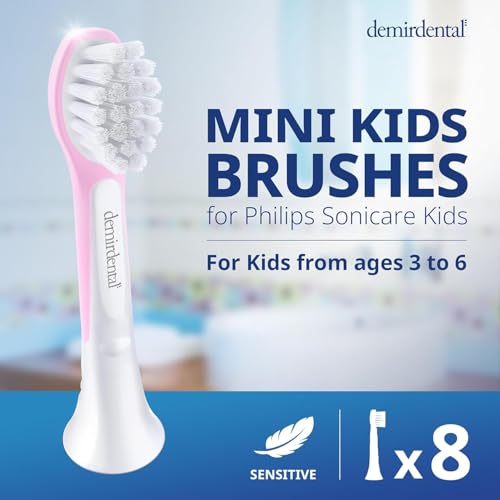 demirdental Kids mini Toothbrush Heads Compatible with Philips Sonicare Kids Toothbrush Heads - Replacement Heads mini Sensitive - Brush Heads mini from Ages 3 to 6 - Pink - Replaces HX6038-8 Pack