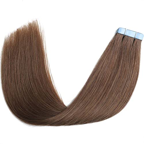 Amella Hair Tape in Hair Extensions Human Hair 12 inches 40g/pack 20pcs Straight Seamless Skin Weft Jet Black Tape Hair Extensions (12 inches #8 Light Brown)