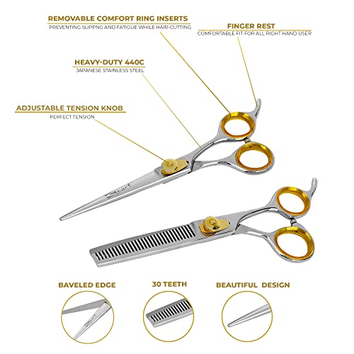 SHARF Gold Touch Barber Kit 6.5 Inch Straight Shears and 6.5 Inch, 30-Tooth Thinning Shears 440C Japanese Stainless Steel Professional Barber Scissors for Men and Women