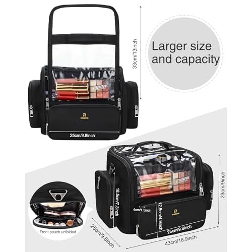 Makeup Brush Bag, Clear Makeup Brush Holder with Lid, Extra Large Capacity Travel Cosmetic Bag Makeup Artist Must Haves, Black Makeup Case, Make Up Organizers and Storage, with Adjustable Dividers