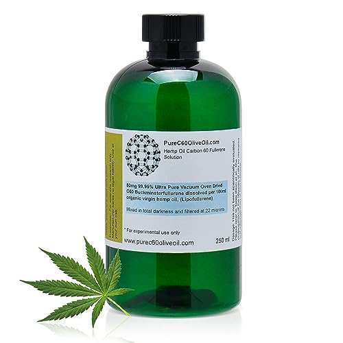 PureC60OliveOil C60 Organic Hemp Seed Oil 250ml / 8.5 Fl Oz - 99.95% Carbon 60 Solvent Free 200mg - Food Grade - BUCKMINSTERFULLERENE Carbon 60 Hemp Oil - from The Leading Global Producer