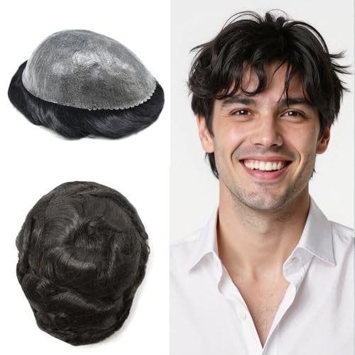 Mens Toupee Real Human Hair Replacement System Durable Thin Skin Toupee For Men Hair Piece Injection PU Hair Unit Brown Black Gray Wigs For Man 8x10, #1B Off Black 110% Light to Medium Density