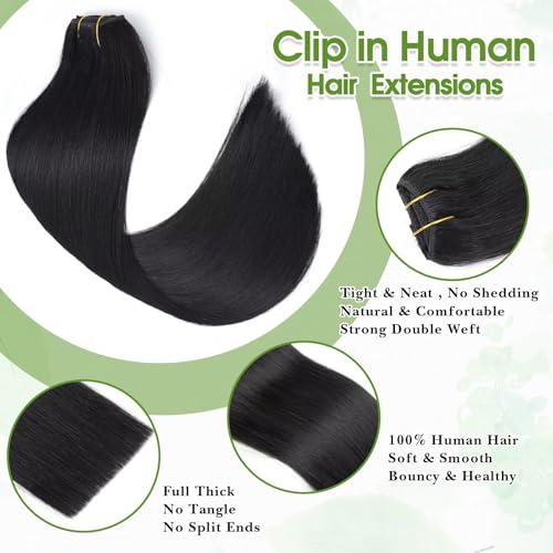 Human Hair Clip in Extensions Real Human Hair Clip-in Jet Black Hair Extensions 16inch/65g Clip ins 100% Brazilian Remy Human Hair for Women Straight Soft Hair 8pcs Double Weft