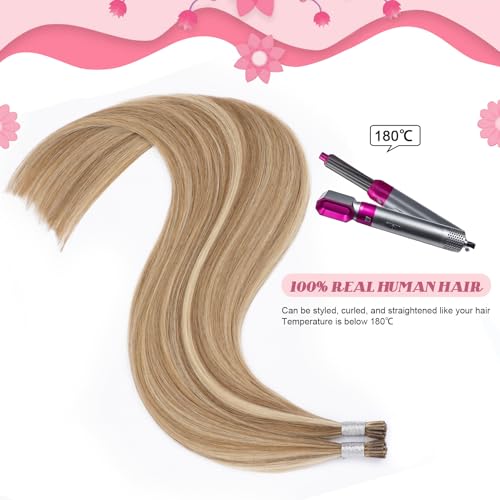 I Tip Hair Extensions Human Hair, 50g 50s 20 Inch Ash Brown Mix Bleach Blonde Remy Itip Human Hair Extensions Invisible Itips Straight I Tips Fusion Extensions Real Human Hair #8/613
