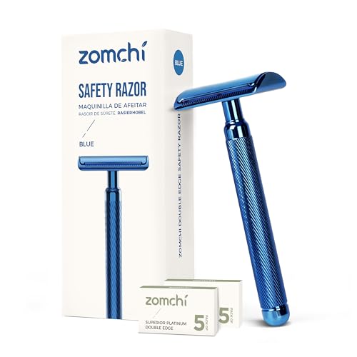 ZOMCHI Double Edge Safety Razor for Men & Women, [New Version 2.0 ] Metal Razor with 10 Double Edge Safety Razor Blades, Single Blade Razor ? Noble Blue