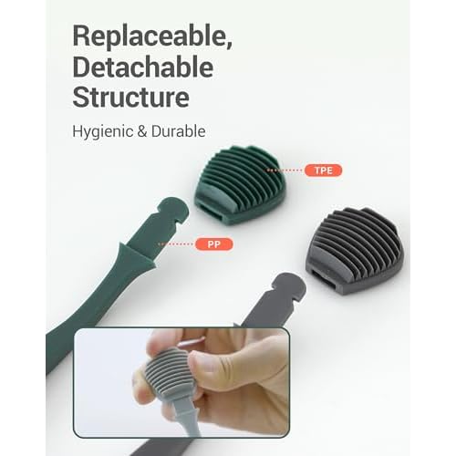 DEARCUS Korean Tongue Scraper with 3 Replaceable Heads - 100% BPA Free TPE Tongue Cleaner - Reduce Bad Breath & Without Hurt - Hygienic Scraper - Modern & Simple Design (White)