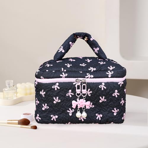 Cotton Quilted Makeup Bag Coquette Accessories Make up Bag Organizer Cute Bow Floral Cosmetic Pouch Travel Makeup Bag Mystery black Pure white (White black bow-01)