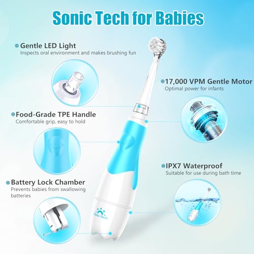 Toddler Electric Toothbrush Kids Age 1-2-3 Years Old, Baby Electric Toothbrush with LED Light 2 Minutes Timer 4 Vibrating Heads for Infants Toothbrush 6 to 12 Months and Up (Blue)