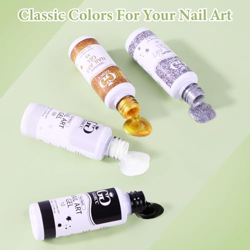 Gel Nail Art Polish Set with Thin Brush ? 4 Colors White Gel Nail Polish Black Silver Glitter Liner for Nail Art Design French Tips Soak Off UV/LED 8ml