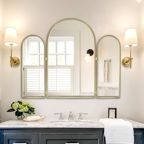 Trifold Vanity Mirrors 3 Way, 30 x 37in Adjustable Vanity Mirrors for Bathroom, Bedroom, Champaign Golden Arch Mirrors Wall Mounted Decoration, Braiding Hair, Makeup 360¡Æ Way
