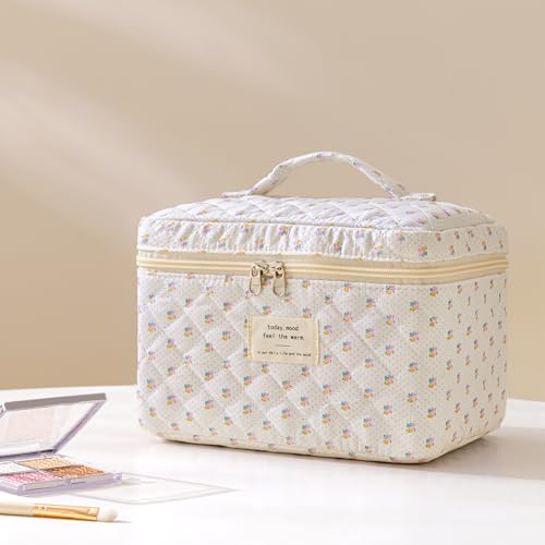 HBselect Quilted Makeup Bag, 3PCS Cotton Large Travel Makeup Bag, Cute Floral Coquette Make up Bag Cosmetic Bag Toiletry Bag for Women Girls