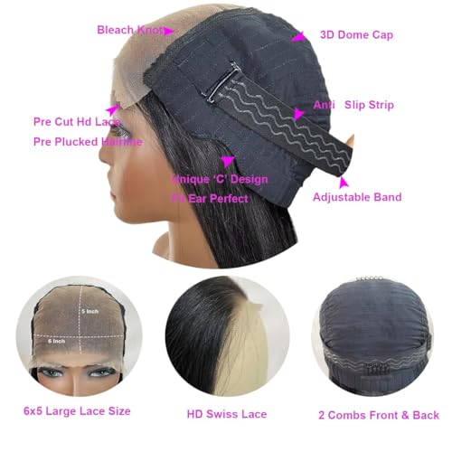 6x5 Wear and Go Glueless Wigs Human Hair Pre Plucked Pre Cut HD 200% Density Lace Straight Lace Front Wigs Human Hair Glueless Lace Front Wigs For Women 30 Inch