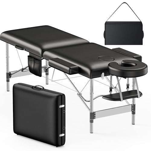 Brelley Massage Table Portable, 2-Fold Lash Bed with Side Pocket, Adjustable Height, Sturdy Aluminum Frame, Esthetician Spa Facial Tattoo Bed with Face Cradle & Carrying Bag, Black
