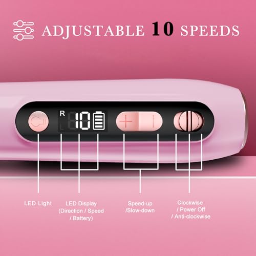 ENGERWALL Professional Manicure Pedicure Kit, Electric Nail File Set, Portable Cordless Electric Nail Drill Machine, 10 Speeds Nail Care Tool for Grind Trim Polish, Pink