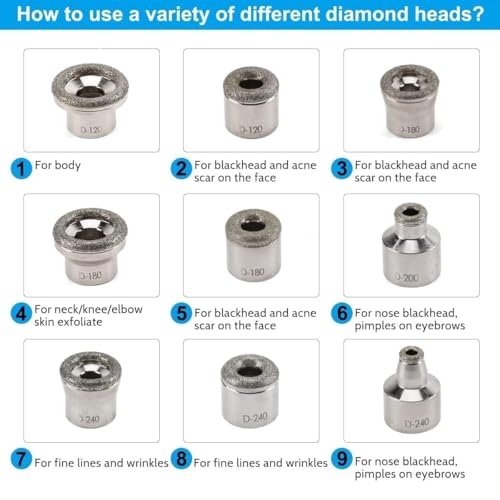 Diamond Dermabrasion Head, Microdermabrasion 9 Tips, Facial Exfoliator Tool for Home