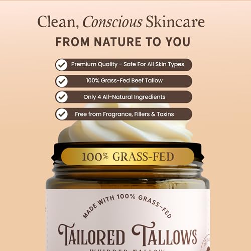 Whipped Tallow Cream Moisturizer 100% Grass Fed Natural Face & Body Lotion Unscented, Non-Greasy Balm for Dry, Sensitive Skin | Whipped Beef Tallow Lotion Made in USA