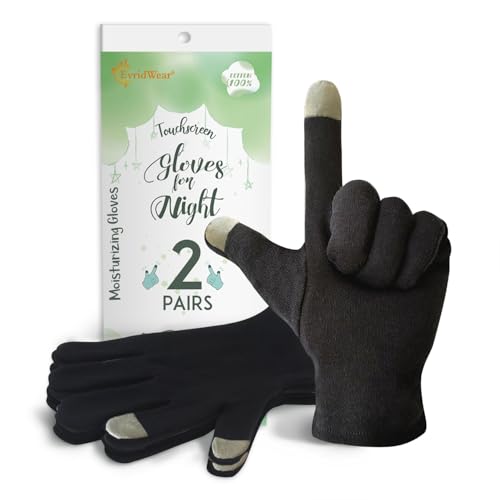 Evridwear 100% Cotton Touchscreen Moisturizing Beauty Gloves with Elastic Cuff, Natural Cosmetic Therapy Gloves for Eczema SPA Dry Hands Care Overnight (Black, Medium) 2 Pairs