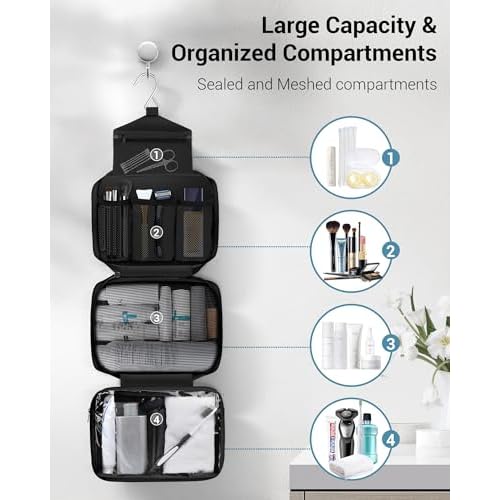 Maliton Toiletry Bag for Men & Women Travel Toiletry Bag Hanging Toiletry Bag Hygiene Organizer with 4 Compartments Waterproof Bathroom Shower Bag Large Toiletries Travel Bag(Black)