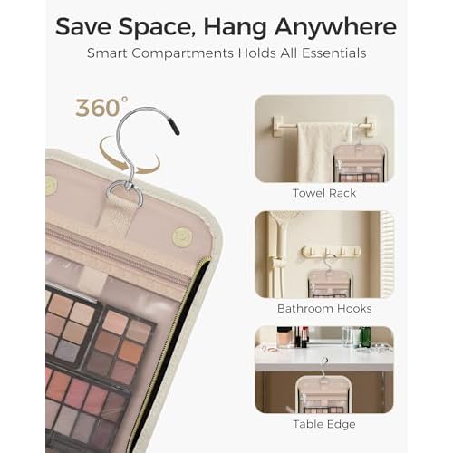 Hanging Toiletry Bag, PU Leather Makeup Bag Large Capacity with Jewelry Organizer for Brushes Set, Cosmetic Accessories, Beige