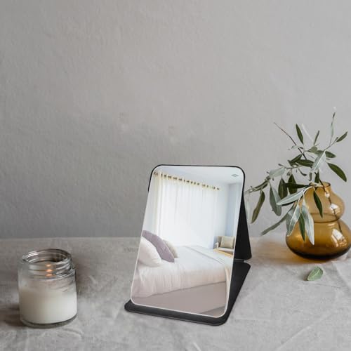 Makeup Mirror, 4x6 Inches Portable PU Leather Mirror, Folding Desktop Vanity Mirror with Adjustable Stand for Vanity Table, Office, Travel (S, Black)