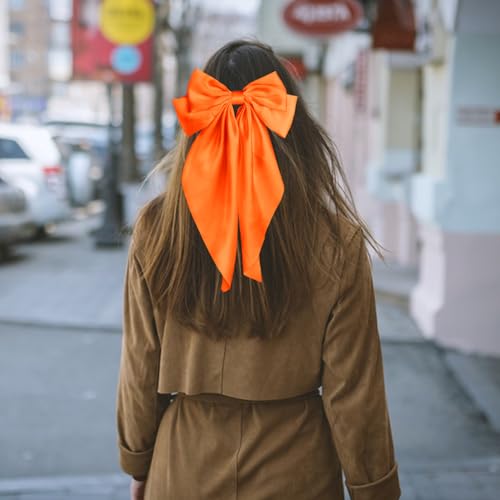 Pufandor Hair Bow Silky Satin Hair Ribbons for Women, Orange Bows for Girls Hair Bowknot Barrettes Long Tails with Clips Big Hair Bows Hair Accessories (Orange 1pc)