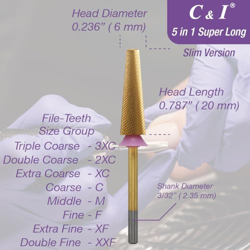 C&I 5 in 1 Nail Drill Bit Super Long Slim Efile Professional Nail Bits Nail Tech Must Have for Extension Nails Acrylic Powder Hard Gel Nail Tip Cuticle Remover Nail Supplies (Extra Fine -XF)