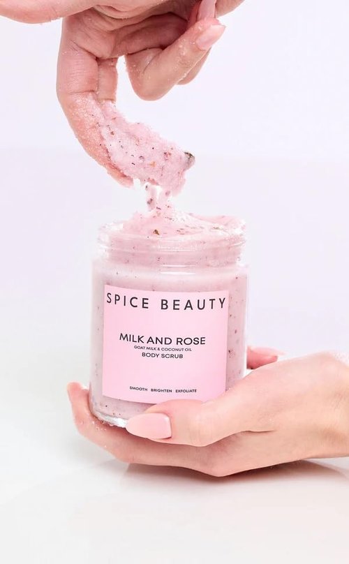 Spice Beauty Milk and Rose Body Scrub - In-Shower Moisturizer with Hydrating Coconut Oil, Calming Roses, Shea Butter - Gentle Body Exfoliation Skincare - 9 Oz