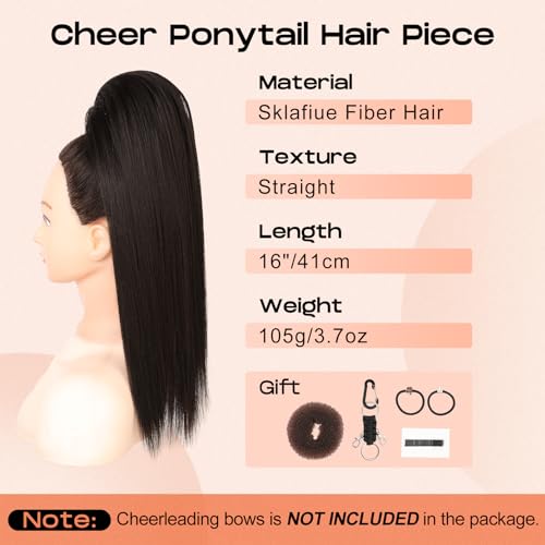 SEIKEA Cheer Ponytail Hair Piece, 16" Black Brown Straight Cheerleader Hairpiece Ponytail Extension for Cheerleader Competition, Dance