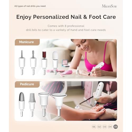 MelodySusie Professional Manicure Pedicure Kit, Cordless 8-in-1 Electric Nail Drill with 20 Speeds, Rechargeable E-File for Thick Nails & Cuticles, Ideal Foot Care for Women Men-PC650E (White Gold)