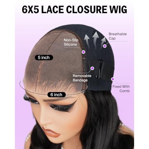 6x5 Ready to Go Closure Wig Human Hair 12A Salon-Quality Glueless Wigs Human Hair Pre Plucked Pre Cut Loose Body Wave Wig Human Hair 220% Density Bleached Tiny Knots 16 Inch