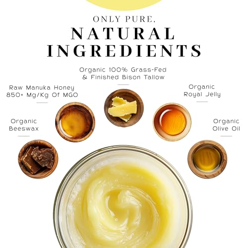 Vanman¡¯s Tallow and Honey Balm - Grass-Fed/Finished Bison Tallow and Essential Oils, Raw Manuka Honey, Organic Royal Jelly, Beeswax, Cold Pressed Olive Oil - Tallow Skin Care for Dry Skin - 2.4 oz