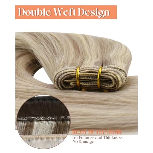 Sunny Hair Human Hair Weft Extensions Blonde Human Hair Extensions Sew in Bundle 20inch Hand Tied Weft Hair Extensions Human Hair Ash Blonde Highlight Bleach Long Hair Extensions Sew in 100g
