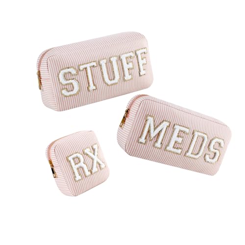 uekeboag Seersucker Chenille Letter Stuff Meds RX Makeup Bag, Travel Washable Purse Organizer with Zipper, Lightweight Toiletry Cute Personalized Preppy Cosmetic Bag For Women and Girls(3pcs Pink)